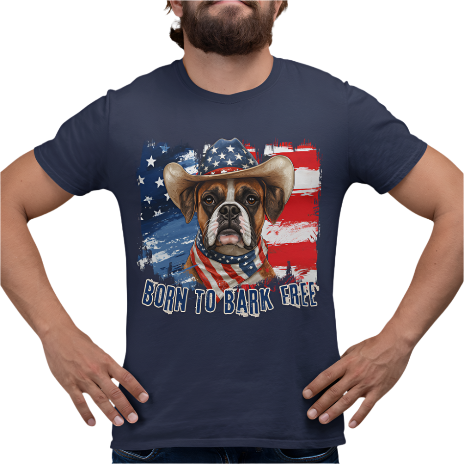 Boxer Patriotic T-Shirt "Born to Bark Free" - Dog-Themed Patriotic Design