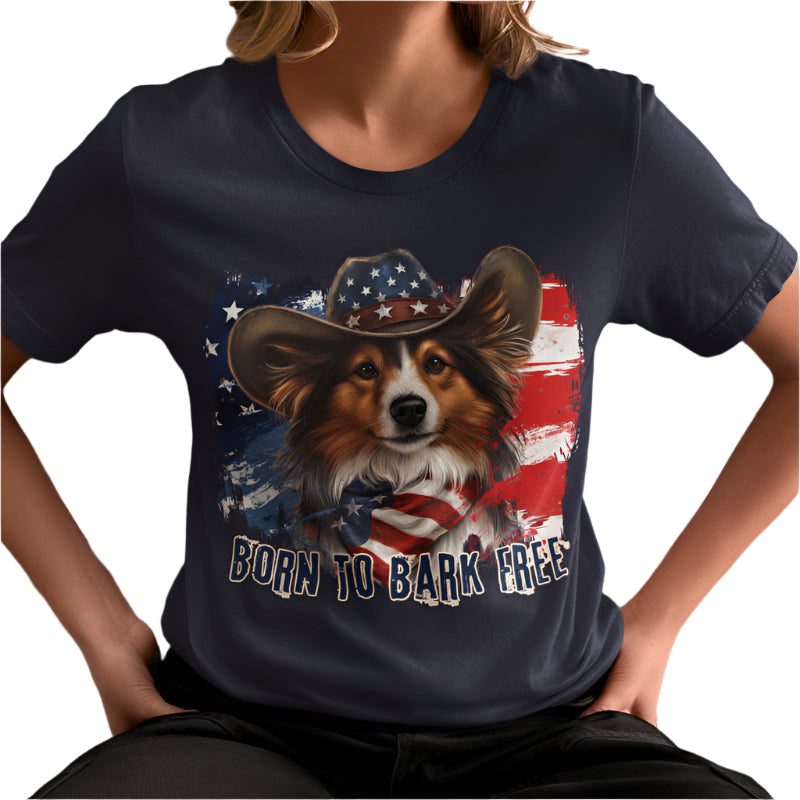 born to bark free sheltie patriotic t-shirt