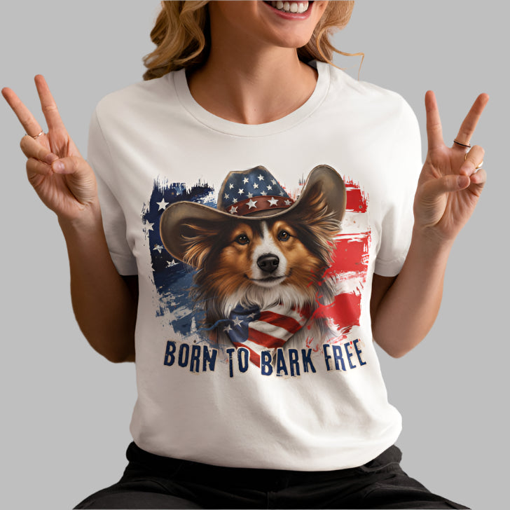 born to bark free sheltie patriotic t-shirt