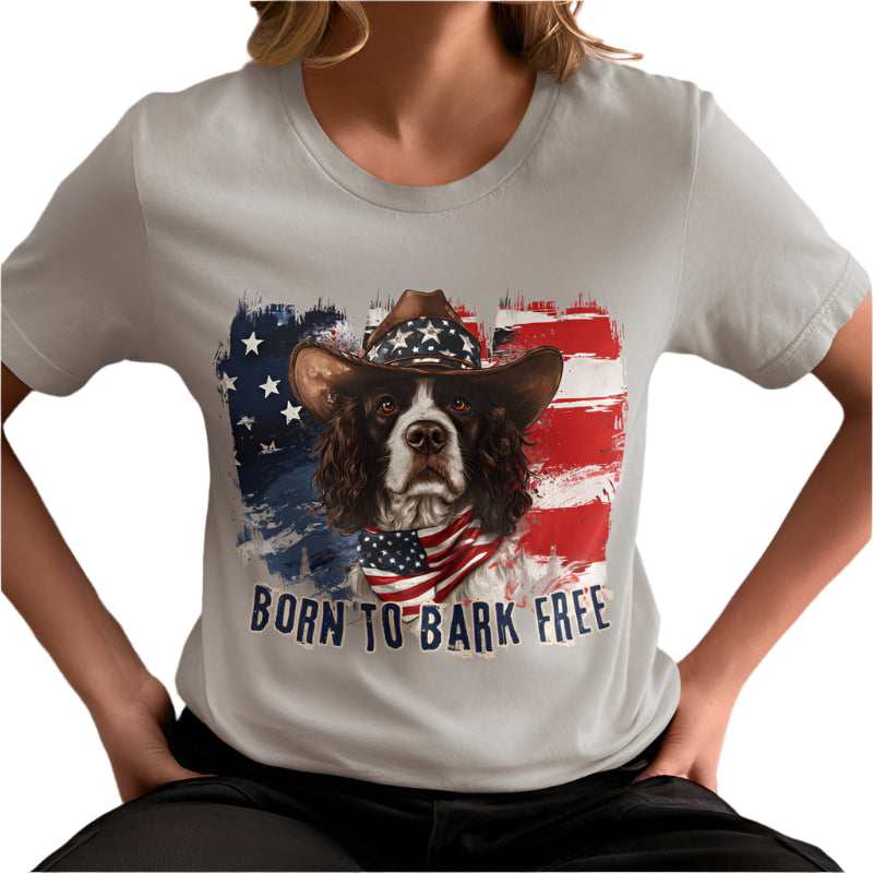 born to bark free english springer spaniel patriotic t-shirt, 4th of july, independance day dog lover t-shirt