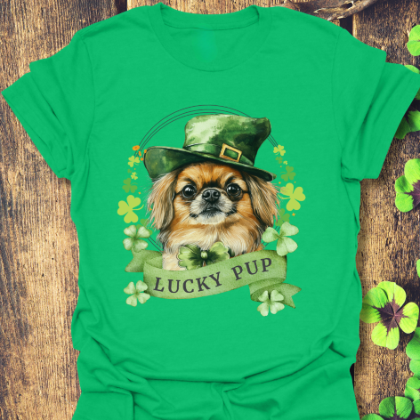 St. Patrick’s Day irish green t-shirt gift for dog lovers featuring a Pekingese dog with a shamrock garland and festive Irish design