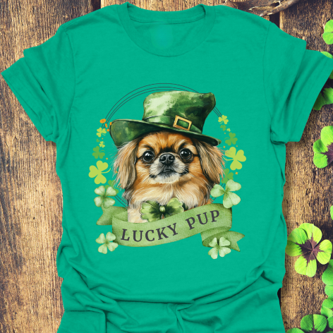 St. Patrick’s Day kelly green t-shirt gift for dog lovers featuring a Pekingese dog with a shamrock garland and festive Irish design
