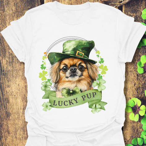St. Patrick’s Day white t-shirt gift for dog lovers featuring a Pekingese dog with a shamrock garland and festive Irish design