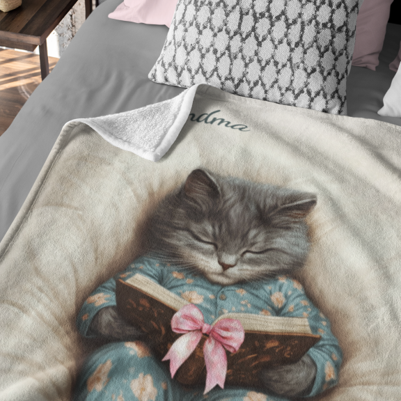 Comfort Zone - Cozy Cat Reading Blanket – Custom Sherpa Throw, Beige - Horizontal