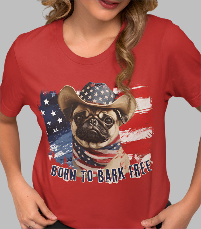 Pug and american flag red t-shirt design born to bark free, 4th of july gift, independance day gift