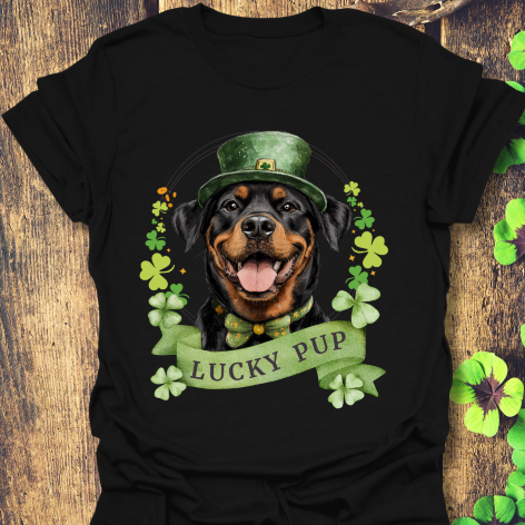 St. Patrick’s Day black t-shirt gift for dog lovers featuring a Rottweiler dog with a shamrock garland and festive Irish design