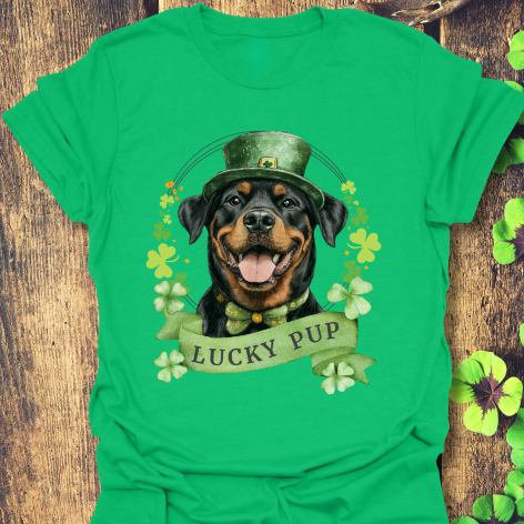 St. Patrick’s Day irish green t-shirt gift for dog lovers featuring a Rottweiler dog with a shamrock garland and festive Irish design
