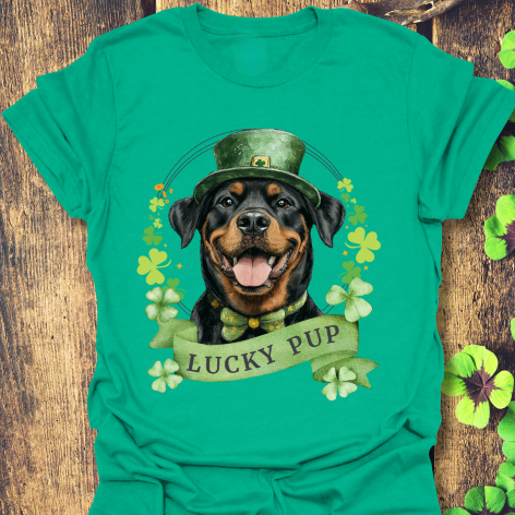 St. Patrick’s Day kelly green t-shirt gift for dog lovers featuring a Rottweiler dog with a shamrock garland and festive Irish design