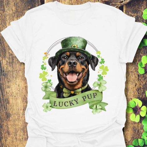 St. Patrick’s Day white t-shirt gift for dog lovers featuring a Rottweiler dog with a shamrock garland and festive Irish design