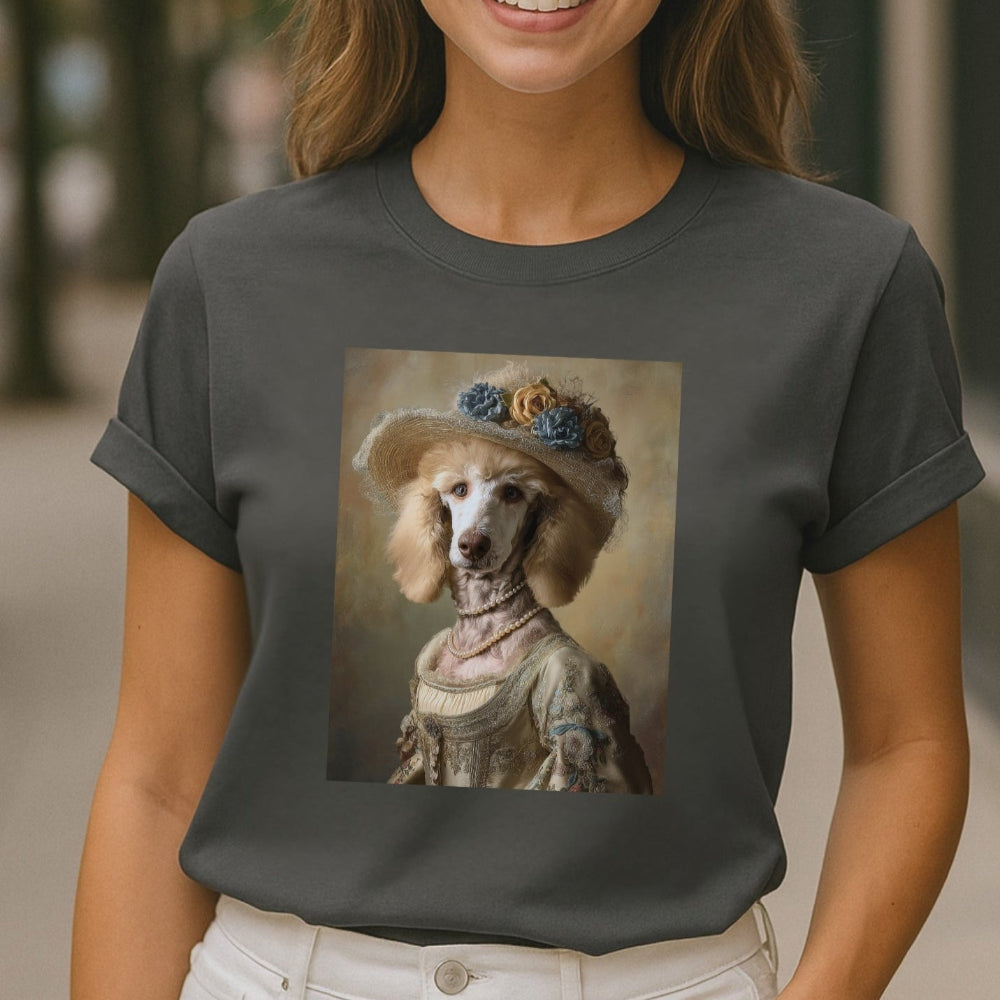 Woman wearing a dark gray t-shirt with a dog wearing a hat graphic