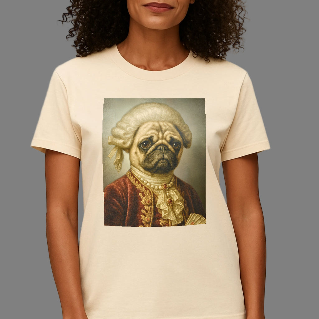 Person wearing a t-shirt with a dog in classical attire graphic