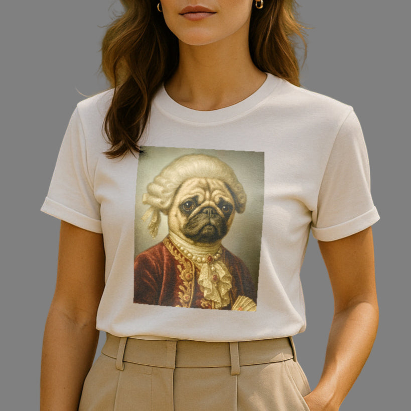 Person wearing a white t-shirt with a graphic of a pug in historical attire.
