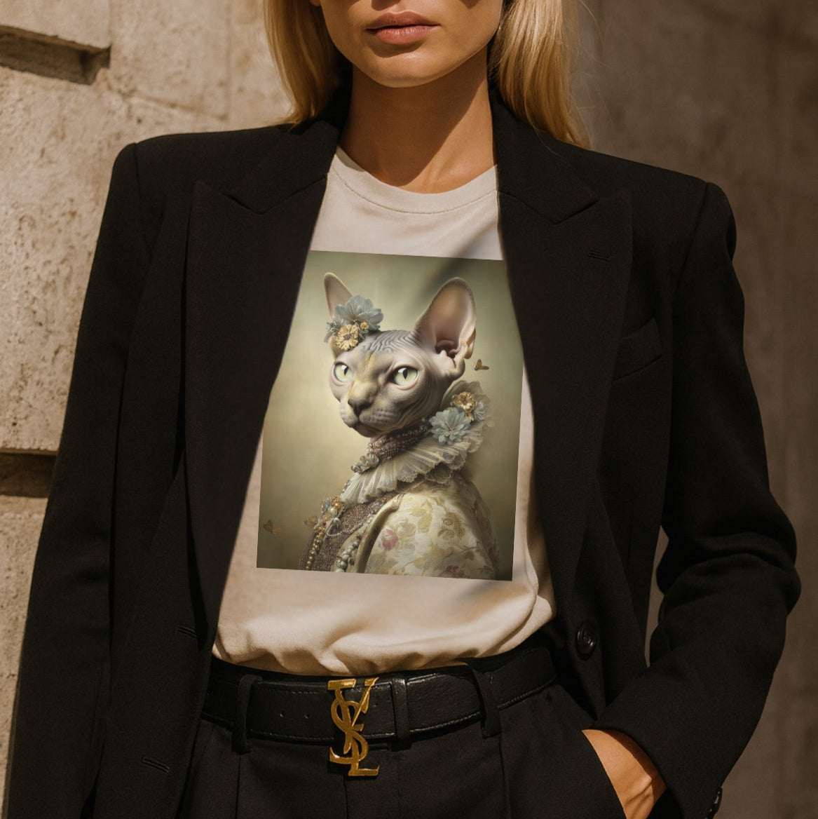 Person wearing a black blazer and a white t-shirt with a cat graphic, standing against a stone wall.