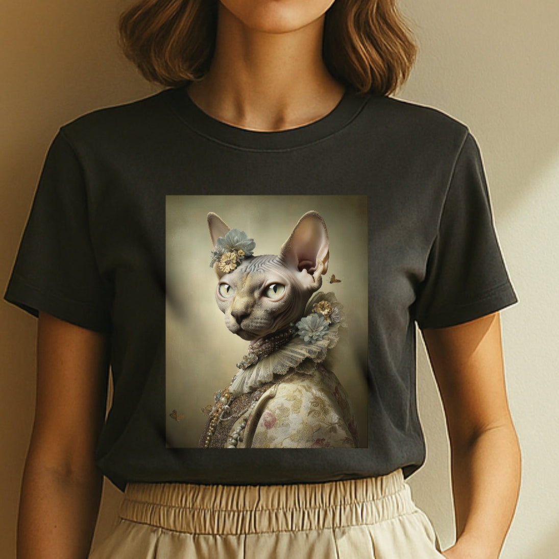 Woman wearing a black t-shirt with a cat graphic on a beige background
