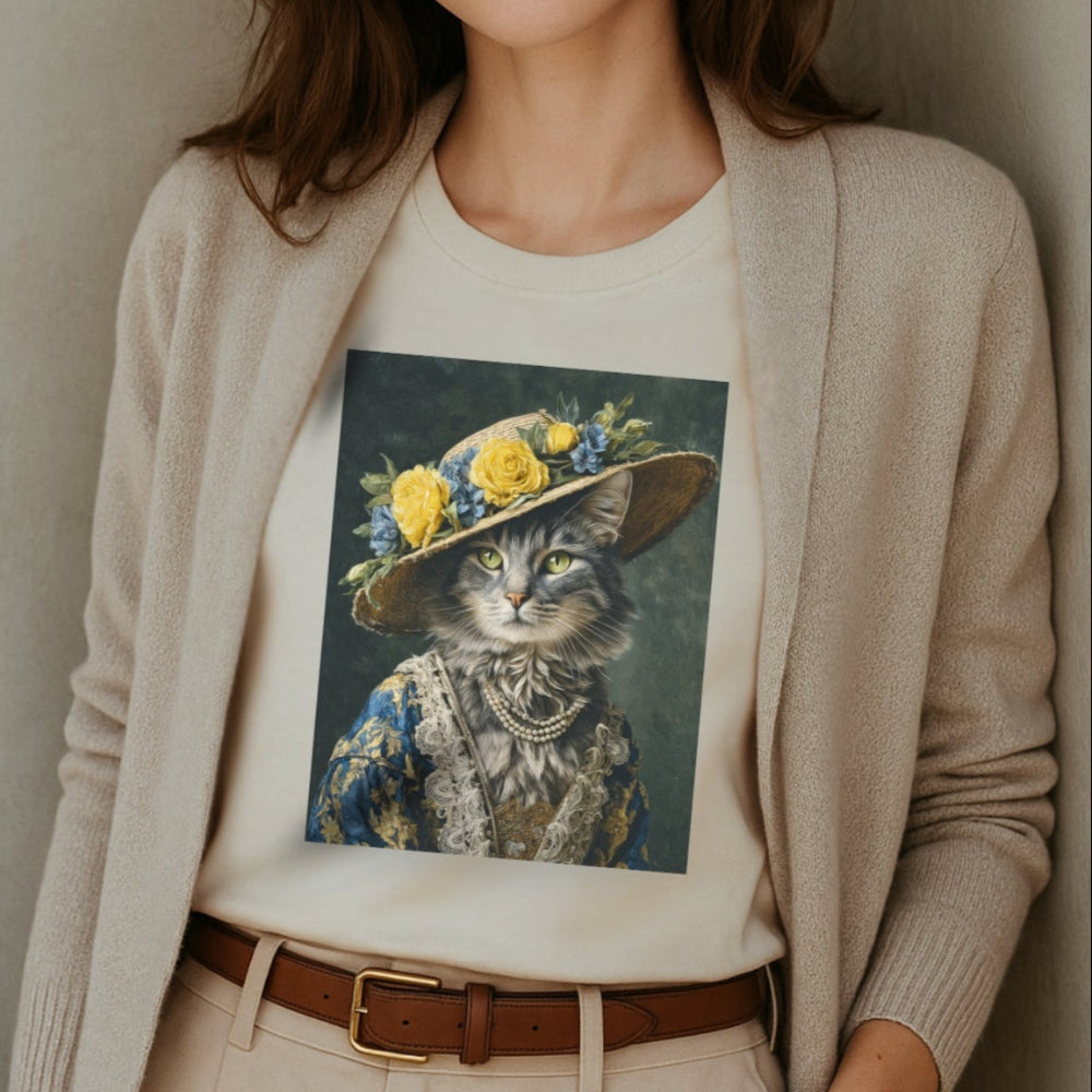 Woman wearing a beige cardigan over a white t-shirt with a cat graphic, standing against a plain wall.