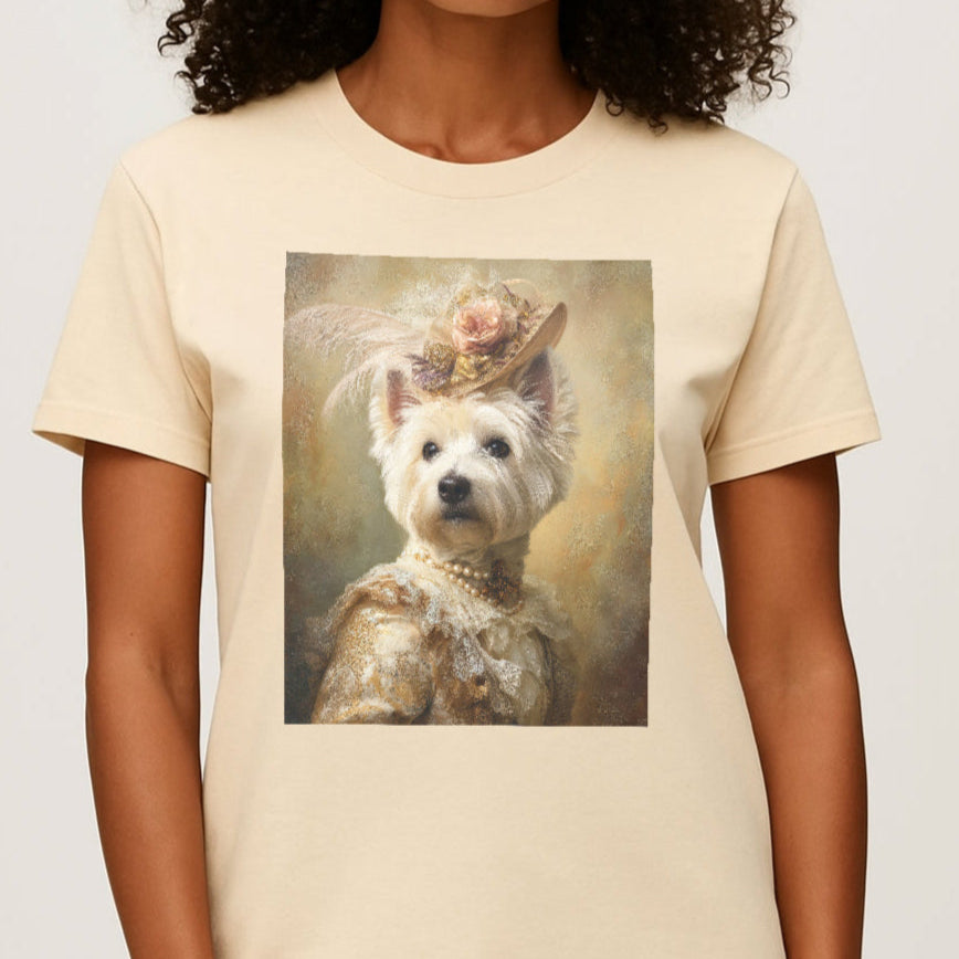 Person wearing a cream t-shirt with a dog graphic on a plain background