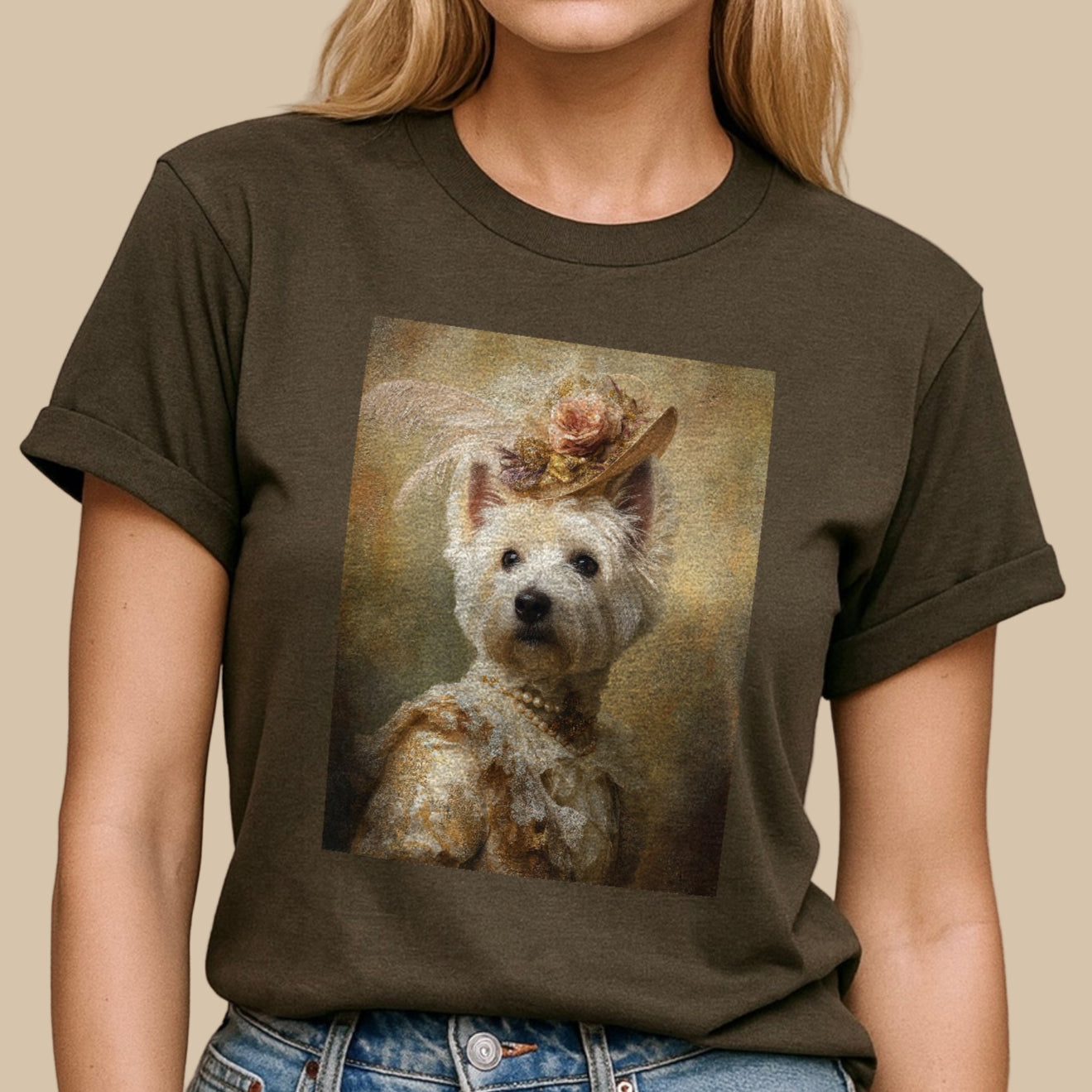 Woman wearing a t-shirt with a dog graphic design.