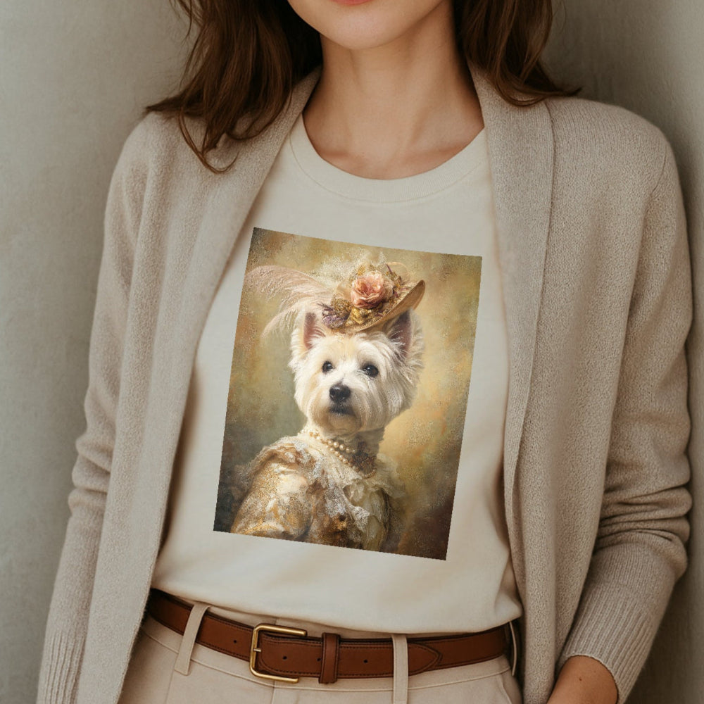 Royal Westie Girl Portrait Tee – Customizable Aristocrat Dog Shirt