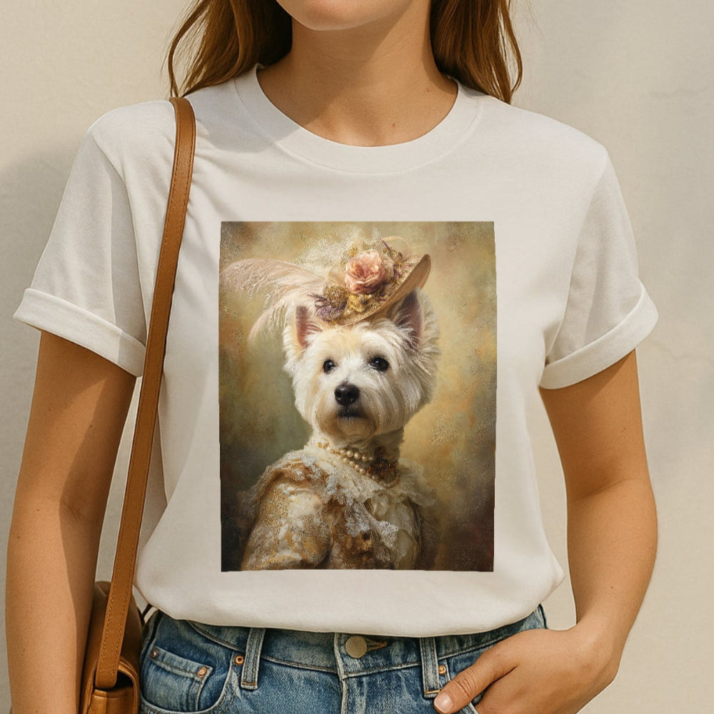 Royal Westie Girl Portrait Tee – Customizable Aristocrat Dog Shirt