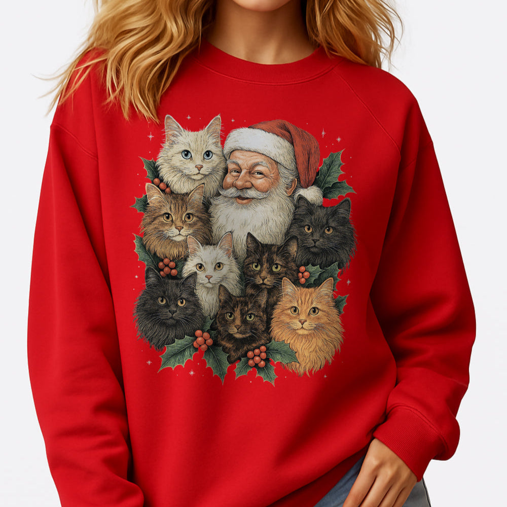 Santa & His Fluffy Cats Christmas Sweatshirt – Vintage Holiday Cat Lover Sweater