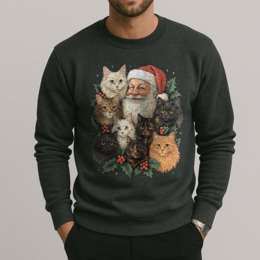 Black sweatshirt with Santa Claus and cats design on a plain background