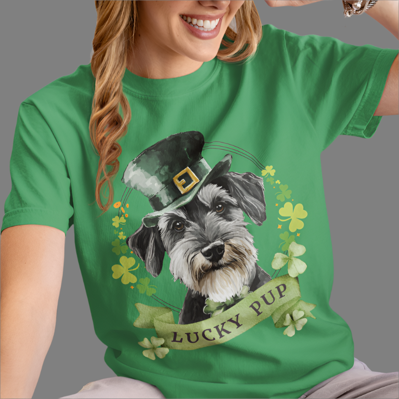 Person wearing a St. Patrick’s Day dog t-shirt with a lucky shamrock print, schnauzer dog lucky pup, great for dog lovers