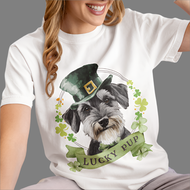 St. Patrick’s Day t-shirt featuring a Papillon dog with a shamrock garland and festive Irish design