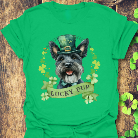 St. Patrick’s Day scottish terrier dog irish green t-shirt with a lucky shamrock print, great for dog lovers