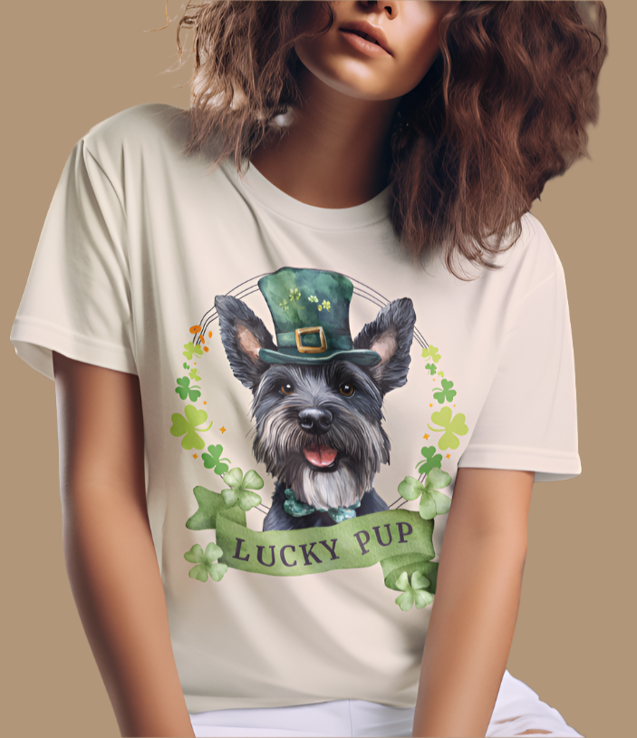 A girl in St. Patrick’s Day t-shirt featuring a Scottish terrier dog with a shamrock garland and festive Irish design