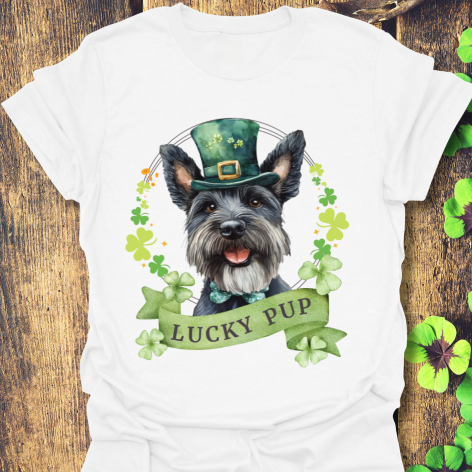 St. Patrick’s Day scottish terrier dog white t-shirt with a lucky shamrock print, great for dog lovers