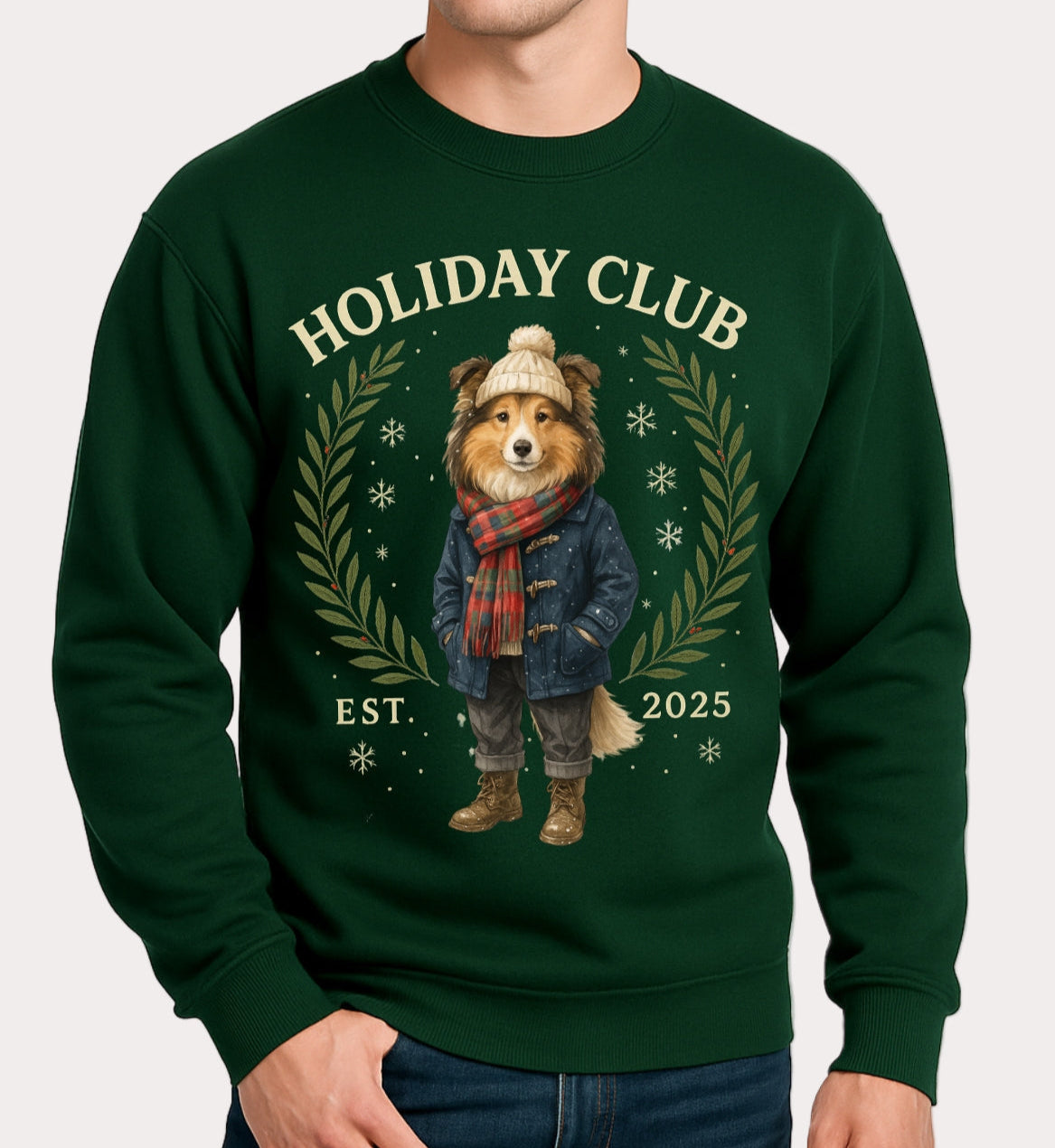 Green sweatshirt with a dog illustration and 'Holiday Club' text on a white background