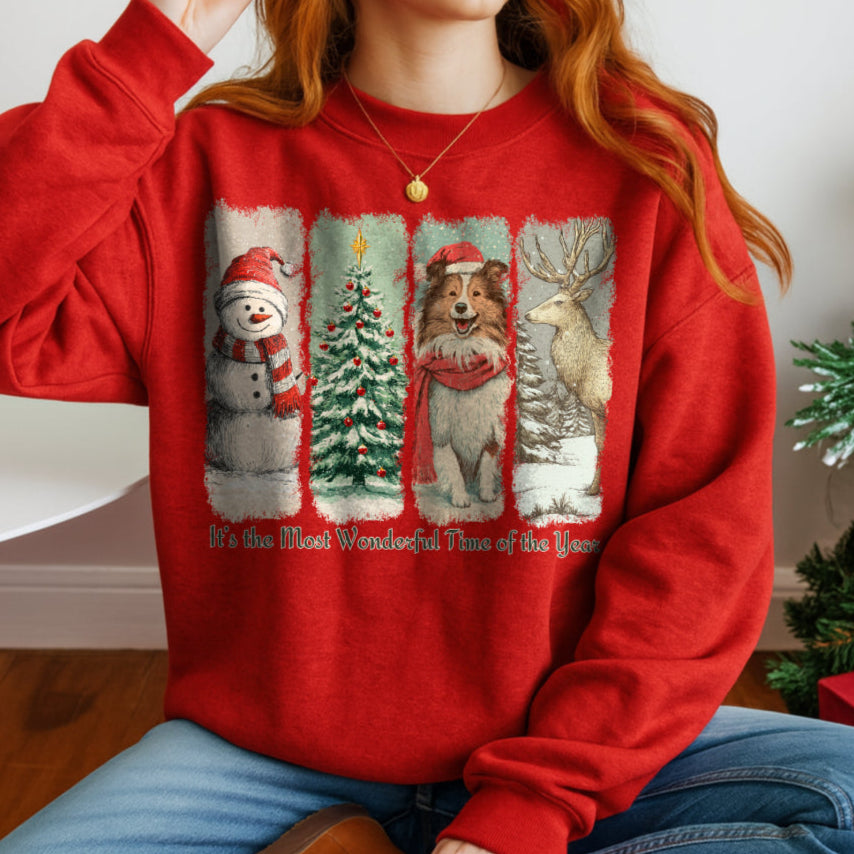 Person wearing a red Christmas-themed sweatshirt with festive graphics.