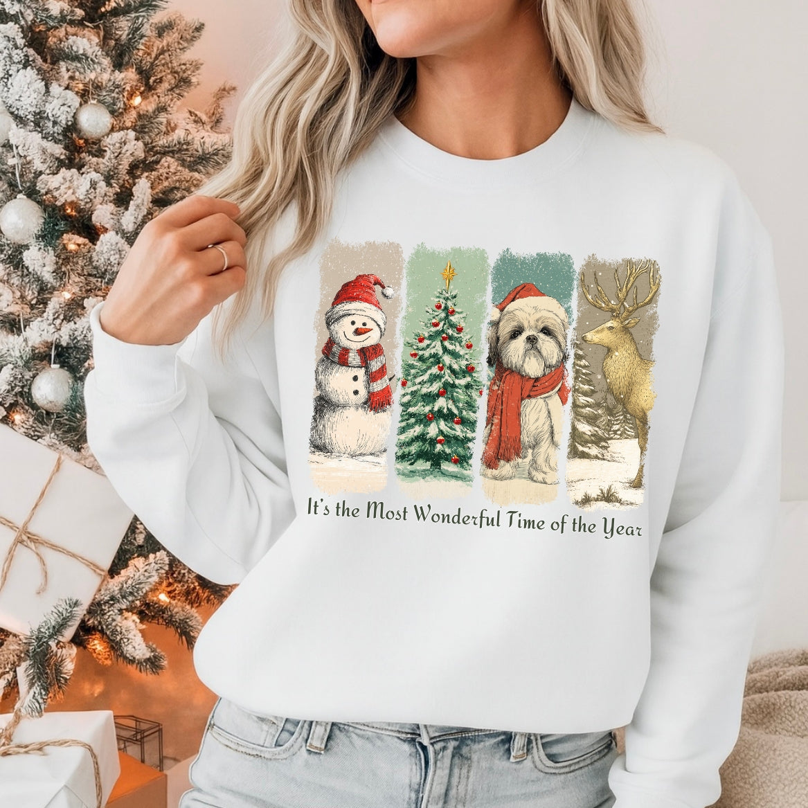 Shih Tzu Santa – Vintage Brush Stroke Christmas Sweater