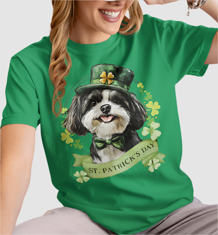 woman in a kelly green St. Patrick’s Day t-shirt featuring a shih tzu dog with a shamrock garland and festive Irish design
