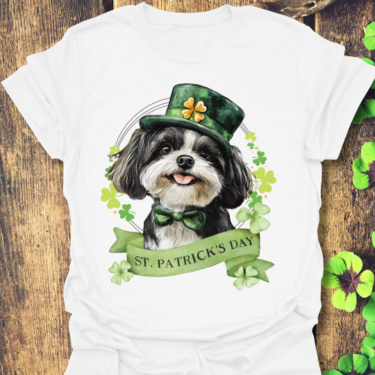 St. Patrick’s Day t-shirt featuring a shih tzu dog with a shamrock garland and festive Irish design