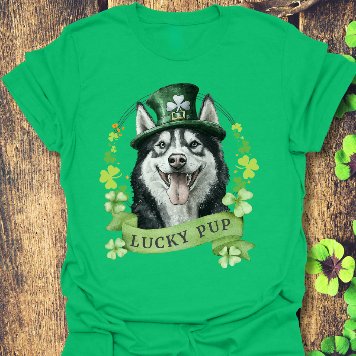 St. Patrick’s Day t-shirt gift for dog lovers featuring Siberian Husky dog with a shamrock garland and festive Irish design, irish green