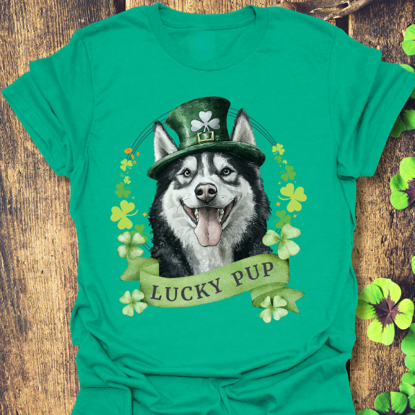 St. Patrick’s Day t-shirt gift for dog lovers featuring Siberian Husky dog with a shamrock garland and festive Irish design, kelly green