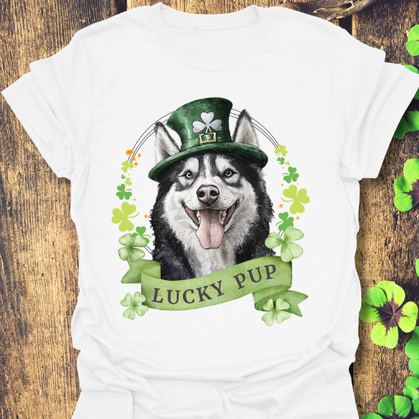 St. Patrick’s Day t-shirt gift for dog lovers featuring Siberian Husky dog with a shamrock garland and festive Irish design, white