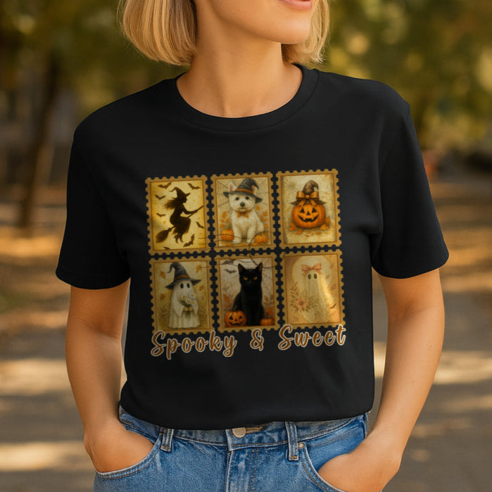 Woman wearing a black t-shirt with Halloween-themed graphics outdoors.