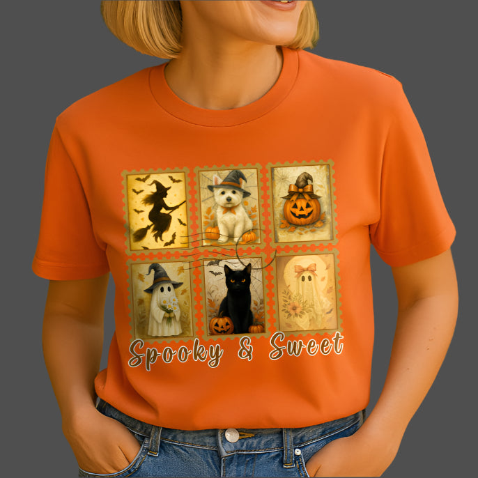 Woman wearing an orange t-shirt with Halloween-themed design outdoors.