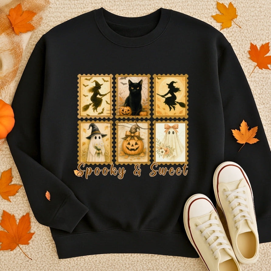 Black sweatshirt with Halloween-themed design and white sneakers on a beige background with autumn leaves.
