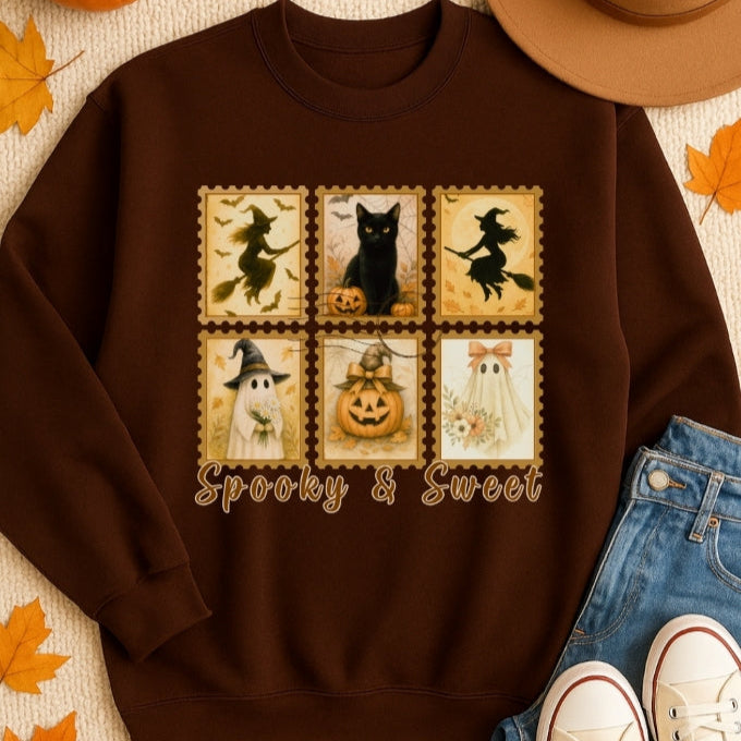 Brown sweatshirt with Halloween-themed design on a fall-themed background with leaves and shoes.