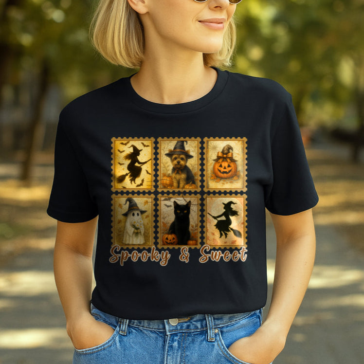Woman wearing a black t-shirt with Halloween-themed design outdoors.