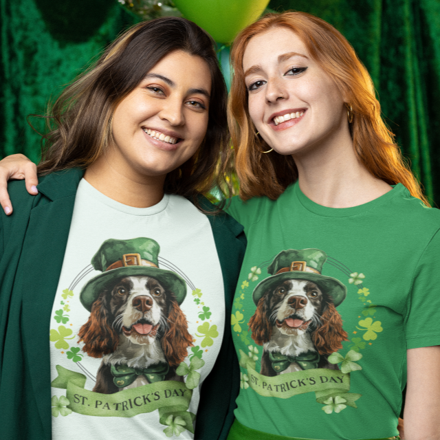 Friends dog lovers wear St. Patrick’s Day t-shirts featuring an English springer spaniel dog with a shamrock garland and festive Irish design