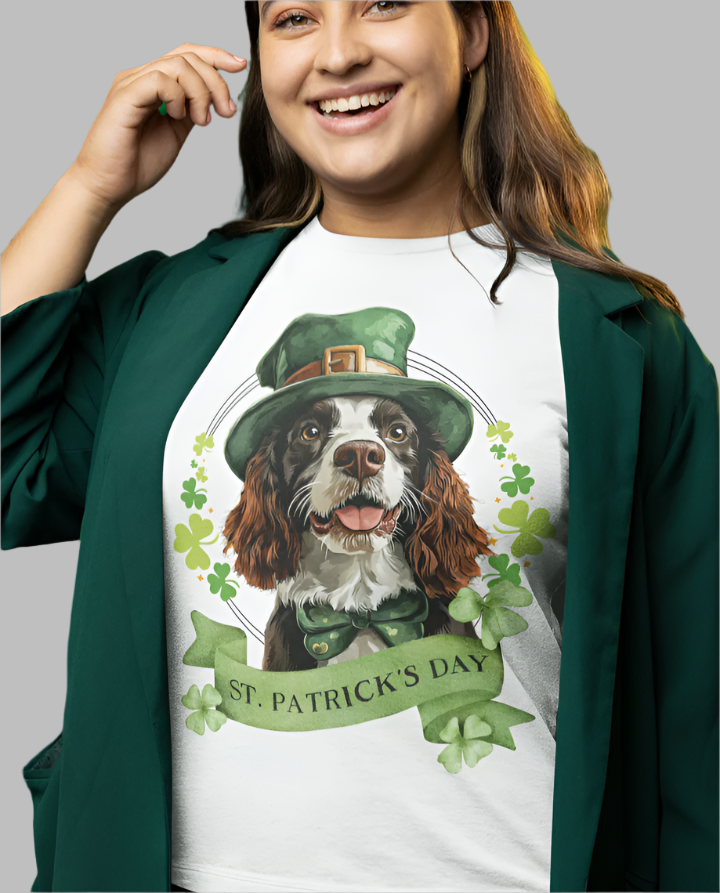A woman in a white St. Patrick’s Day t-shirt featuring an English springer spaniel dog with a shamrock garland and festive Irish design