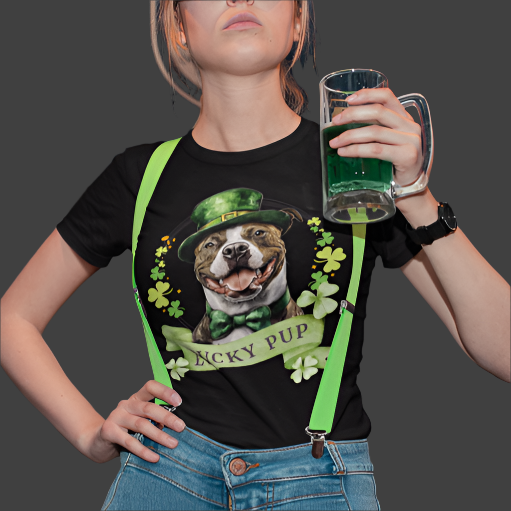 a woman in black St. Patrick’s Day t-shirt featuring a stafforshire bull terrier with a shamrock garland and festive Irish design