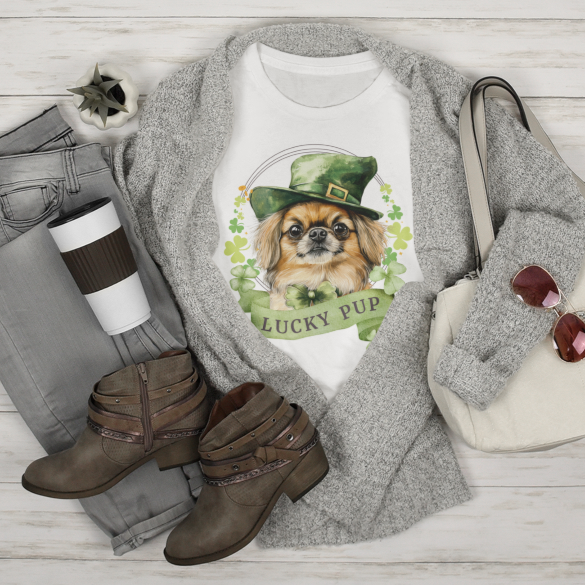 Styling of a St. Patrick’s Day white t-shirt gift for dog lovers featuring a Pekingese dog with a shamrock garland and festive Irish design