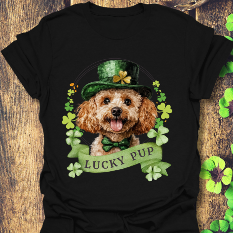 St. Patrick’s Day black t-shirt gift for dog lovers featuring a toy poodle dog with a shamrock garland and festive Irish design