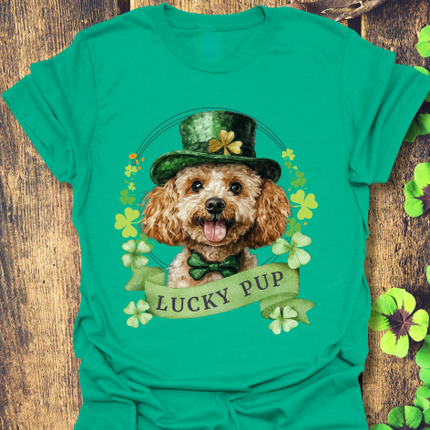 St. Patrick’s Day kelly green t-shirt gift for dog lovers featuring a toy poodle dog with a shamrock garland and festive Irish design