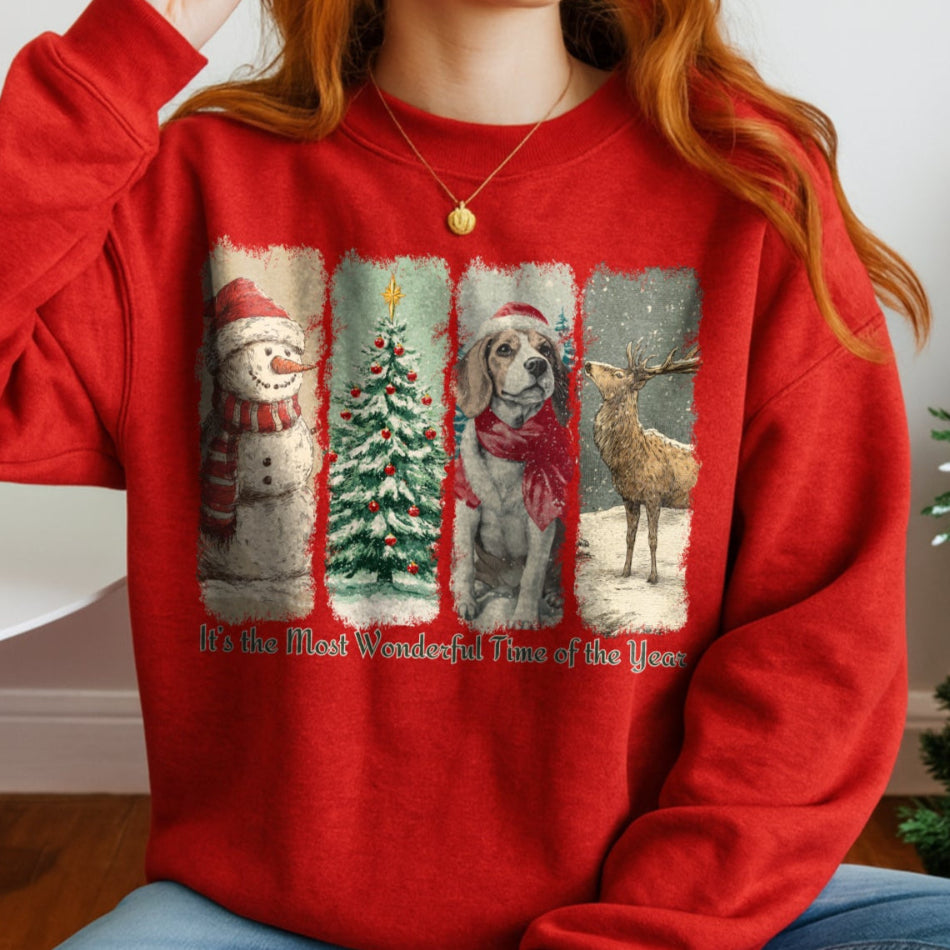 Person wearing a red Christmas-themed sweatshirt with festive graphics and text.
